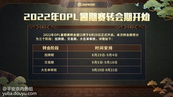 【2022OPL暑期赛 俱乐部挂牌选手名单公示】2022OPL暑期赛转会期挂牌期已结束，共2支OPL俱乐部官宣挂牌名单，详情如图所示。2022OPL暑期赛转会期时间安排见图二。