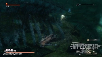 从鬼佛处直接钩绳到树上，杀掉之前电我们的敌人。虽然这名BOSS有名有姓，但是没有近战攻击力，直接一套就带走了，杀掉之后获得佛珠。

  此时已经安全了，可以去水下收集道具，水下一共有7条锦鲤、5个可拾取的鳞片、1个佛珠、2个尊贵饵食，需要玩家仔细搜刮，水下还有两个无首，如果想要打建议在岸上涂好神之飞雪，直接下去杀，杀掉之后获得夜叉戮之将灵。

  收集完毕后，回到大树上，来到下图红圈位置，潜下去。

  下来之后向右游。

  进入这个洞，里面会有鲤鱼王。

  一直靠着左侧向前游，到了下面的建筑面前，从破窗户进去。

  从湖中出来之后，向上一直钩，就可以点燃鬼佛了。