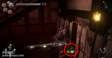 从第三个神社右边走廊走到尽头可以看到一个外道兵和一个黄色灵石，击杀之后获得一个遗发（2/2）。

回到第三个神社，笔直前进，就能看到一个火车的壁画，壁画下方有一个木灵（7/8）。


触发壁画展开火车BOSS战，战胜之后继续前进。

战胜火车之后，继续前进，来到下图位置，左边的屋子里有一个梯子，踢下去就能返回第三个神社了，屋子里还有一个善擦，休整完毕后，进入右边的常暗。

常暗中还是直接使用妖怪技把灵石打破，就能破除常暗（3/3）了。

在一个有多只饿鬼的屋子里，获得最后一个木灵（8/8）。

进入刚刚灵石后面的大门，展开BOSS战。

BOSS战：长壁姬主角在小天守的屋顶上发现藤吉郎后，便跨越栏杆追上前去。但藤吉郎的身影却突然消失，耸立于眼前的天守开始震动并有所动作。巨大妖怪，长壁姬所变的天守阻挡了主角的去路。
拥有4只小眼睛，每摧毁一只小眼睛它的精力槽就会减少一点。当它的精力耗尽时（摧毁4只小眼睛），会把头部垂下，这就是你输出的机会。在战斗中，BOSS的大眼睛会向你发射各种属性的光弹。
当你全力攻击一只小眼睛时，是很难观察到其他眼睛的动作，但是如果你仔细聆听，就能听到其他眼睛发射光弹的声音，及时躲开即可。
接近眼睛之前，一定要保证你的精力是满的。然后运用上述方法摧毁眼睛。你还可以用大炮（当BOSS的眼睛睁开时）向房屋上的眼睛射击，对其造成一些额外伤害。

战胜长臂姬之后，灵石碎片如雨般落下，小刀与刀锷发出光芒并浮在半空中。在射出强烈的光芒后，一把刀出现在主角眼前。能消灭妖怪的刀·楚叶矢丸复活。