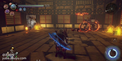 从第三个神社右边走廊走到尽头可以看到一个外道兵和一个黄色灵石，击杀之后获得一个遗发（2/2）。

回到第三个神社，笔直前进，就能看到一个火车的壁画，壁画下方有一个木灵（7/8）。


触发壁画展开火车BOSS战，战胜之后继续前进。

战胜火车之后，继续前进，来到下图位置，左边的屋子里有一个梯子，踢下去就能返回第三个神社了，屋子里还有一个善擦，休整完毕后，进入右边的常暗。

常暗中还是直接使用妖怪技把灵石打破，就能破除常暗（3/3）了。

在一个有多只饿鬼的屋子里，获得最后一个木灵（8/8）。

进入刚刚灵石后面的大门，展开BOSS战。

BOSS战：长壁姬主角在小天守的屋顶上发现藤吉郎后，便跨越栏杆追上前去。但藤吉郎的身影却突然消失，耸立于眼前的天守开始震动并有所动作。巨大妖怪，长壁姬所变的天守阻挡了主角的去路。
拥有4只小眼睛，每摧毁一只小眼睛它的精力槽就会减少一点。当它的精力耗尽时（摧毁4只小眼睛），会把头部垂下，这就是你输出的机会。在战斗中，BOSS的大眼睛会向你发射各种属性的光弹。
当你全力攻击一只小眼睛时，是很难观察到其他眼睛的动作，但是如果你仔细聆听，就能听到其他眼睛发射光弹的声音，及时躲开即可。
接近眼睛之前，一定要保证你的精力是满的。然后运用上述方法摧毁眼睛。你还可以用大炮（当BOSS的眼睛睁开时）向房屋上的眼睛射击，对其造成一些额外伤害。

战胜长臂姬之后，灵石碎片如雨般落下，小刀与刀锷发出光芒并浮在半空中。在射出强烈的光芒后，一把刀出现在主角眼前。能消灭妖怪的刀·楚叶矢丸复活。