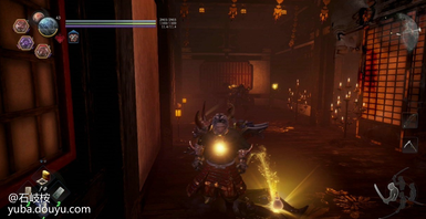 从第三个神社右边走廊走到尽头可以看到一个外道兵和一个黄色灵石，击杀之后获得一个遗发（2/2）。

回到第三个神社，笔直前进，就能看到一个火车的壁画，壁画下方有一个木灵（7/8）。


触发壁画展开火车BOSS战，战胜之后继续前进。

战胜火车之后，继续前进，来到下图位置，左边的屋子里有一个梯子，踢下去就能返回第三个神社了，屋子里还有一个善擦，休整完毕后，进入右边的常暗。

常暗中还是直接使用妖怪技把灵石打破，就能破除常暗（3/3）了。

在一个有多只饿鬼的屋子里，获得最后一个木灵（8/8）。

进入刚刚灵石后面的大门，展开BOSS战。

BOSS战：长壁姬主角在小天守的屋顶上发现藤吉郎后，便跨越栏杆追上前去。但藤吉郎的身影却突然消失，耸立于眼前的天守开始震动并有所动作。巨大妖怪，长壁姬所变的天守阻挡了主角的去路。
拥有4只小眼睛，每摧毁一只小眼睛它的精力槽就会减少一点。当它的精力耗尽时（摧毁4只小眼睛），会把头部垂下，这就是你输出的机会。在战斗中，BOSS的大眼睛会向你发射各种属性的光弹。
当你全力攻击一只小眼睛时，是很难观察到其他眼睛的动作，但是如果你仔细聆听，就能听到其他眼睛发射光弹的声音，及时躲开即可。
接近眼睛之前，一定要保证你的精力是满的。然后运用上述方法摧毁眼睛。你还可以用大炮（当BOSS的眼睛睁开时）向房屋上的眼睛射击，对其造成一些额外伤害。

战胜长臂姬之后，灵石碎片如雨般落下，小刀与刀锷发出光芒并浮在半空中。在射出强烈的光芒后，一把刀出现在主角眼前。能消灭妖怪的刀·楚叶矢丸复活。