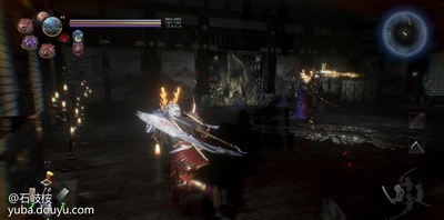 从第三个神社右边走廊走到尽头可以看到一个外道兵和一个黄色灵石，击杀之后获得一个遗发（2/2）。

回到第三个神社，笔直前进，就能看到一个火车的壁画，壁画下方有一个木灵（7/8）。


触发壁画展开火车BOSS战，战胜之后继续前进。

战胜火车之后，继续前进，来到下图位置，左边的屋子里有一个梯子，踢下去就能返回第三个神社了，屋子里还有一个善擦，休整完毕后，进入右边的常暗。

常暗中还是直接使用妖怪技把灵石打破，就能破除常暗（3/3）了。

在一个有多只饿鬼的屋子里，获得最后一个木灵（8/8）。

进入刚刚灵石后面的大门，展开BOSS战。

BOSS战：长壁姬主角在小天守的屋顶上发现藤吉郎后，便跨越栏杆追上前去。但藤吉郎的身影却突然消失，耸立于眼前的天守开始震动并有所动作。巨大妖怪，长壁姬所变的天守阻挡了主角的去路。
拥有4只小眼睛，每摧毁一只小眼睛它的精力槽就会减少一点。当它的精力耗尽时（摧毁4只小眼睛），会把头部垂下，这就是你输出的机会。在战斗中，BOSS的大眼睛会向你发射各种属性的光弹。
当你全力攻击一只小眼睛时，是很难观察到其他眼睛的动作，但是如果你仔细聆听，就能听到其他眼睛发射光弹的声音，及时躲开即可。
接近眼睛之前，一定要保证你的精力是满的。然后运用上述方法摧毁眼睛。你还可以用大炮（当BOSS的眼睛睁开时）向房屋上的眼睛射击，对其造成一些额外伤害。

战胜长臂姬之后，灵石碎片如雨般落下，小刀与刀锷发出光芒并浮在半空中。在射出强烈的光芒后，一把刀出现在主角眼前。能消灭妖怪的刀·楚叶矢丸复活。