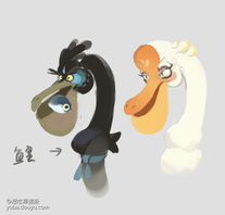 今天兽兽要给大家介绍苍灵大陆的爱情鸟——蛮蛮！蛮蛮是一种远古之鸟，《山海经》西山经上说：“崇吾之山，有鸟焉，其状如凫，而一翼一目，相得乃飞，名曰，蛮蛮，见则天下大水。”意思就是崇吾山那里有一种鸟，长得像野鸭子（确切地说应该是半只鸭），一只眼睛一只翅膀，雌雄两只凑在一起才能起飞，名字叫蛮蛮，它一出现，天下就会闹水灾。所以蛮蛮是雌雄组合，按今天的说法，就是蛮蛮的身体和翅膀都是拼单共用的！而且这鸟也是一种凶鸟，一出现就会闹水灾！只不过蛮蛮雌雄组合后，又发生了新的变化，除了能飞，还获得新的名字——比翼鸟！比翼鸟大家都熟悉吧！这可是爱情的小鸟呐！在爱情的美化下，蛮蛮也就慢慢洗白了！好家伙！原来拼单拼着拼着就能拼出爱情！又获得了好名声！还真是爱拼才会赢！苍灵大陆上的蛮蛮，将吃货拼单精神发挥到了极致，蛮蛮作为一种水鸟，爱好吃鱼，于是背上背着装满鱼的鱼篓，嘴里叼着鱼，连脖子中间都塞着一条鱼！真是夫妻齐力，横扫鱼塘！因为是雌雄组合，所以美术大大在设计的时候，在共用灰色羽毛鸟身的基础上，将两者的头进行黑白区分，更有cp感，颇有小时候兽兽吃到的“神雕侠侣”辣条组合感！（这该死的吃货精神呀！）兽兽是悟了！还是要爱拼才会赢！所以有人愿意来和兽兽一起拼一下吗？