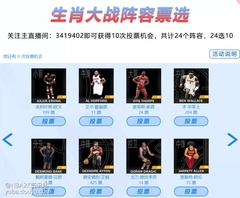 本次生肖大战阵容票选即将进入尾声，目前票数前十名分别是塔图姆、盖伊、特雷杨、艾顿、纳什、迈克尔小波特、本华莱士、J博士、班巴以及滑翔机德莱克斯勒。

但不到票选的最后一刻，一切都是未知。所以还没投票的各位抓紧时间啦，快来选出你们心目中虎年生肖大战的首发阵容吧。票数一览看下图↓