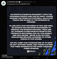 美国艺电公司（ea）fifa游戏在声明配图中写道：“就像足球界的许多其他声音一样，ea公司体育分部和乌克兰人民站在一起，呼吁和平并（呼吁）结束对乌克兰的侵略。”
声明说：“与我们在国际足联和欧足联的合作伙伴一致，ea公司体育分部已经启动程序，将俄罗斯国家队和俄罗斯所有俱乐部从fifa游戏产品中移除，包括fifa 22、fifa mobile和fifa online。我们也在积极评估游戏其他领域的相关变化。
我们将随时向（游戏）社区告知所采取的行动，感谢玩家们在更新期间的耐心。”





作为一名FIFA系列游戏忠实爱好者，我想说——删了就删了反正俄罗斯也没有游戏里好用的球员
开玩笑，其实个人认为近期世界足坛一系列的措施和声明让人感觉有违足球与政治无关的宣言。
我特地登上游戏看了一下，由于FIFA online系列在国内由腾讯运营，目前还没有删除球衣和球员，不过不知道更新什么时候就会来了。

更衣室中俄罗斯球衣
转会市场仍可以搜索到俄罗斯球员
值得一提的是，俄罗斯国家队队长久巴今日发文称，反对战争，但也反对双标和国籍歧视。多的不多表示，懂得都懂，只希望EA不要吃相太难看，不知道下一次在游戏里见到这位进球后会敬军礼庆祝的俄罗斯战士是什么时候了。[topic src=&#34;160831&#34;]#EA在多款FIFA中删除俄罗斯队伍[/topic][topic src=&#34;160561&#34;]#斗鱼创作训练营2.0[/topic]